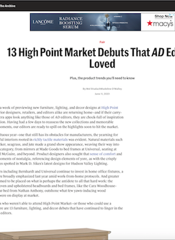 13 High Point Market Debuts That AD Editors Loved, Architectural Digest, June 11, 2021