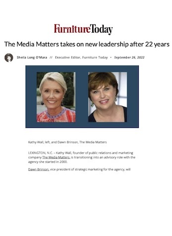 The Media Matters takes on new leadership after 22 years, Furniture Today, September 2022