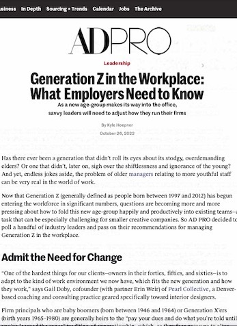 Generation Z in the Workplace: What Employers Need to Know, ArchitecturalDigest .com, October 2022