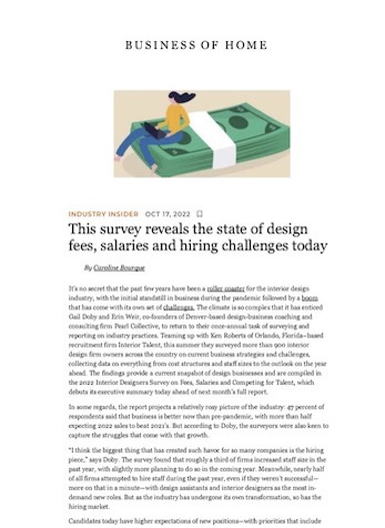 This survey reveals the state of design fees, salaries and hiring challenges today, Business of Home, October 2022
